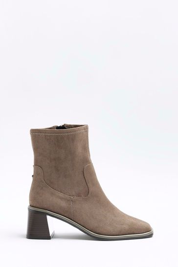 River Island Camel Block Heel Stretch Sock Boots