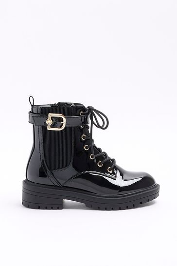 River Island Black Wide Fit Lace Up Buckle Boots