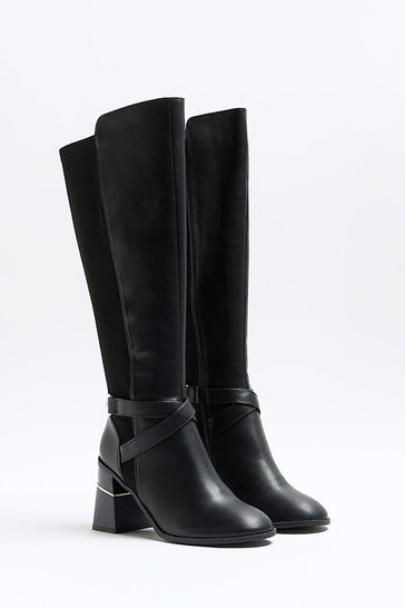 Black heeled boots river island hot sale