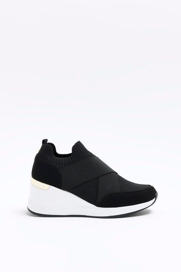 River Island Black Elastic Wedge Runner Trainers