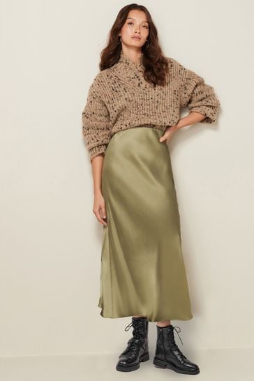 Green Tailored Satin Midi Skirt