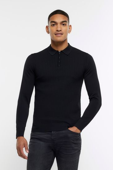 River Island Black Muscle Fit Cable Polo Jumper
