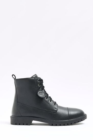River Island Black Leather Leather Laced Combat Boots