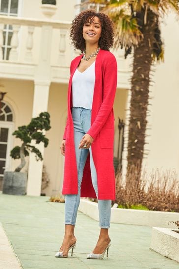 Sosandar Knitwear  Womens Hot Pink Longline Belted Cardigan With