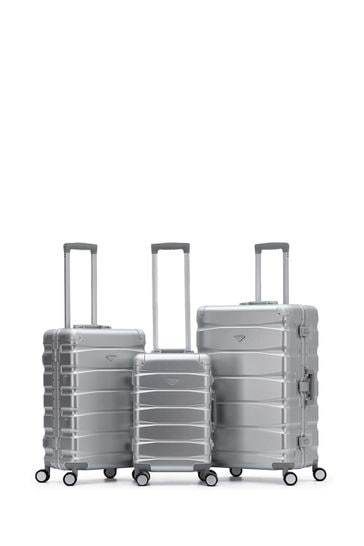 Flight Knight Silver Premium Travel Suitcase Set, 8 Wheels, Aluminium Frame, ABS Body