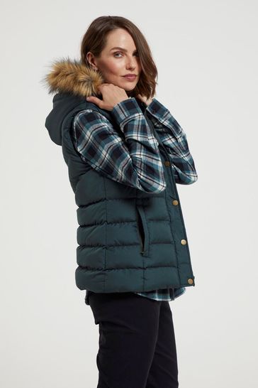 Green vest shop with fur hood