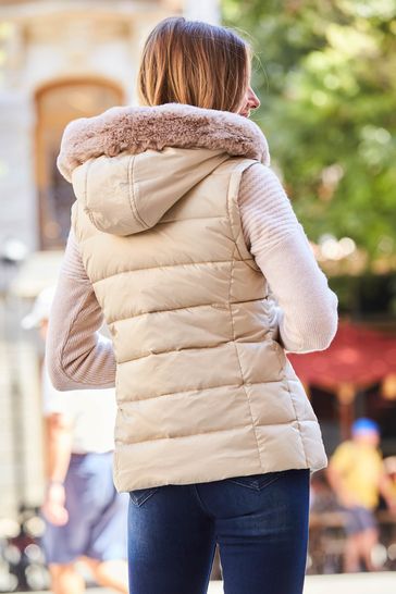 Sosandar Natural Padded Gilet With Faux Fur Hood