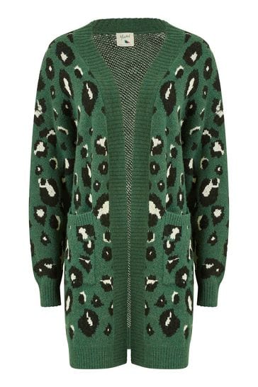 Yumi Green Long Animal Print Intarsia Knit Cardigan
