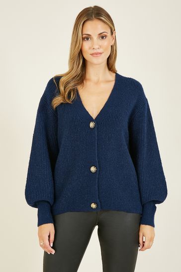 Yumi Blue Button Front Knitted Cardigan