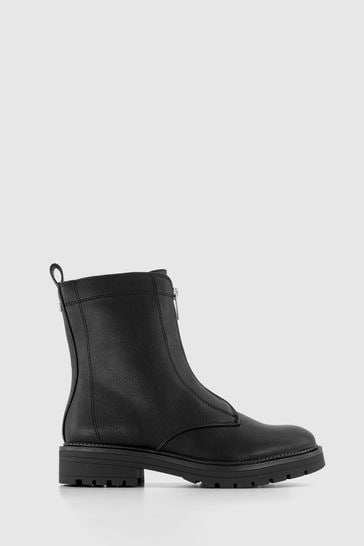 Office Black Zip Front Ankle Boots With Lug Sole