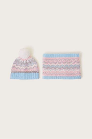 Monsoon Blue Fair Isle Sequin Hat and Neck Warmer Set