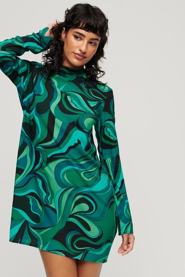 Superdry Green Long Sleeve Printed Mini Dress