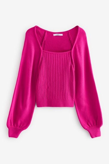 Buy Bright Pink Square Neck Volume Sleeve Jumper from Next Luxembourg