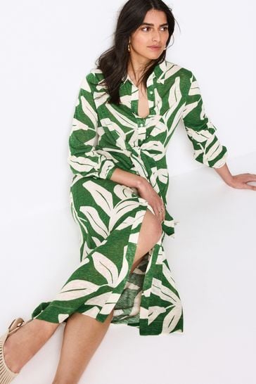 Green Leaf Print Shirt Midi Dress