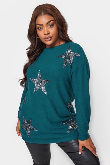 Yours Curve Green Sequin Star Jumper