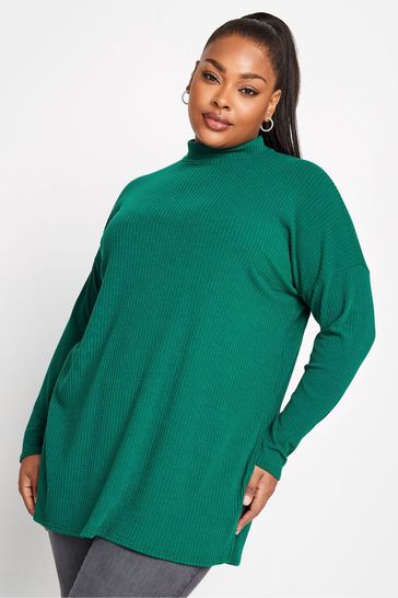 Yours Curve Green Oversized Turtle Neck Ribbed Longsleeve T-Shirt