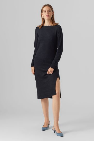 Black Round Neck Midi Knitted Dress With Side Split