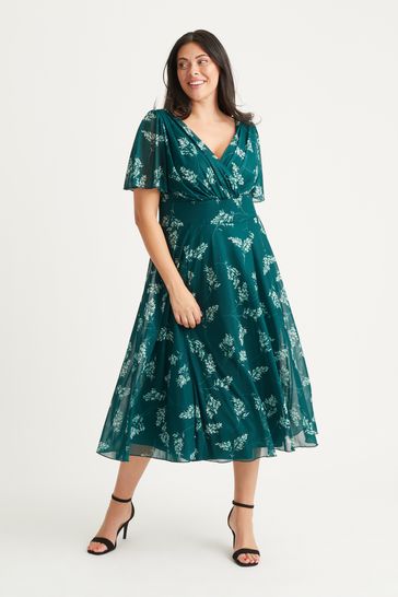 Scarlett & Jo Bottle Green Victoria Angel Sleeve Mesh Midi Dress