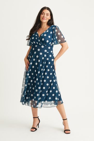 Scarlett & Jo Teal Blue Polka Dot Victoria Angel Sleeve Mesh Midi Dress