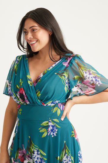 Scarlett Jo Green Curve Victoria Angel Sleeve Mesh Midi long Dress