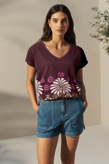 Red Print V Neck Bubble Hem Top