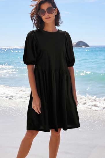 Black Puff Sleeve Mini Jersey Dress