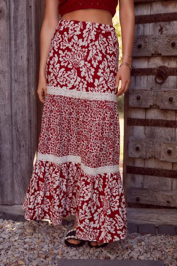 Buy Red Spliced Print Textured 100 Cotton Maxi Skirt With Crochet Trim from Next Bahrain