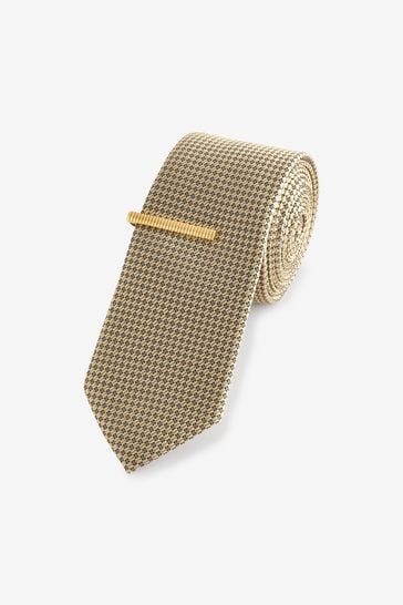 Neutral Brown Slim Textured Tie And Clip Set