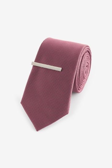 Raspberry Red Textured Tie And Clip Set
