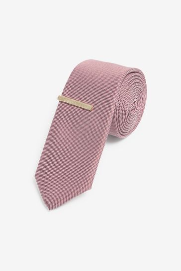 Damson Pink Slim Textured Tie And Clip Set
