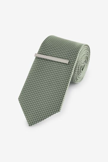 Light Green Textured Tie And Clip Set