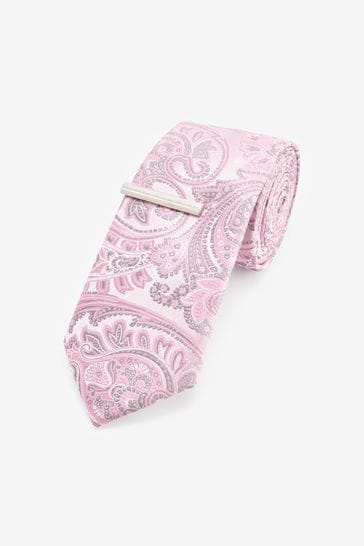 Pink Paisley - Slim - Pattern Tie And Tie Clip