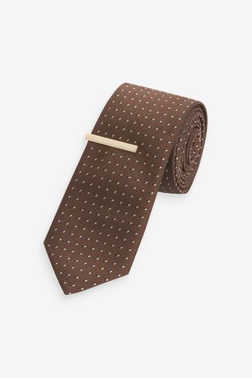 Rust Brown Slim Pattern Tie And Tie Clip
