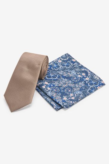 Neutral Brown/Navy Blue Floral Slim Tie And Pocket Square Set