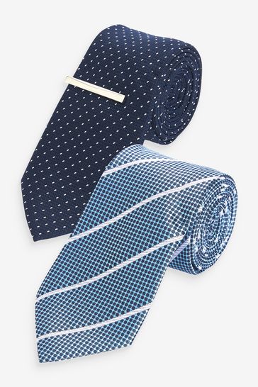 Navy Blue Spot/Blue Stripe Textured Tie With Tie Clips 2 Pack