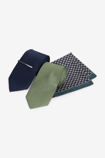 Navy Blue/Dark Green 2 Pack Textured Ties And Pocket Sqaure Set