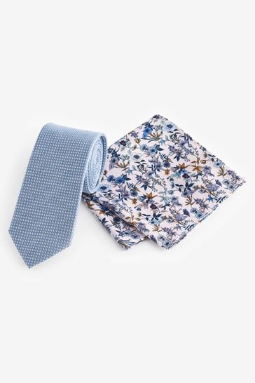 Light Blue/Pink Floral Tie And Pocket Square Set