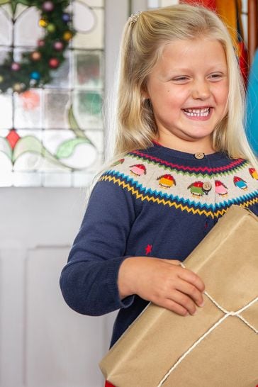 Buy Frugi Blue Organic Cotton Christmas Robin Fairisle Long Sleeve Cardigan from Next Latvia