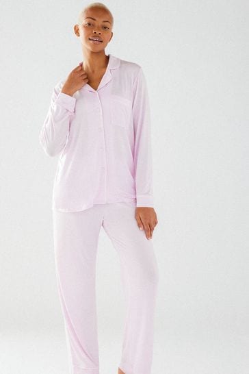 Chelsea Peers Pink Modal Button Up Long Pyjamas Set