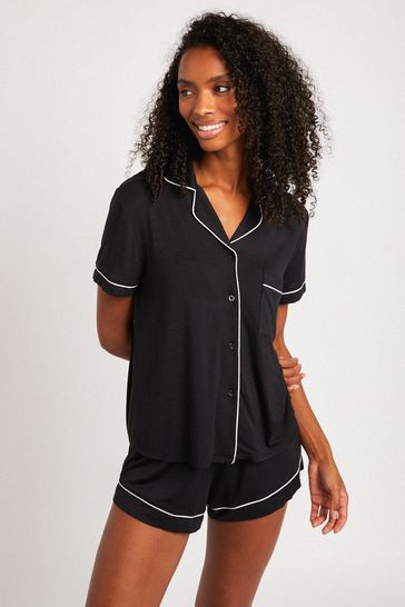 Chelsea Peers Black Modal Button Up Short Pyjamas Set