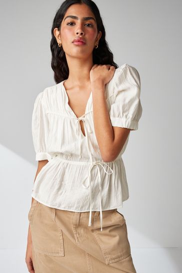 White Tie Front Tiered Textured Short Sleeve Blouse