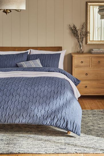 Navy Textured Embossed Square Duvet Cover and Pillowcase Set