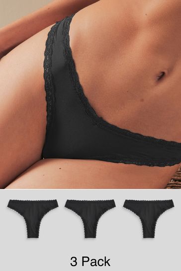 Black Brazilian Microfibre and Lace Trim Knickers 3 Pack