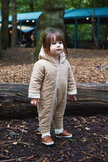The Little Tailor Neutral Quilted Reversible Sherpa Fleece Borg Cosy Baby Pramsuit