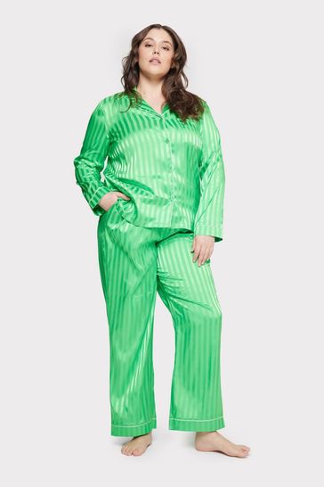 Chelsea Peers Green Curve Green Satin Jacquard Stripe Long Pyjama Set