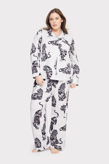 Chelsea Peers White Curve Organic Cotton Lotus Tiger Print Long Pyjama Set