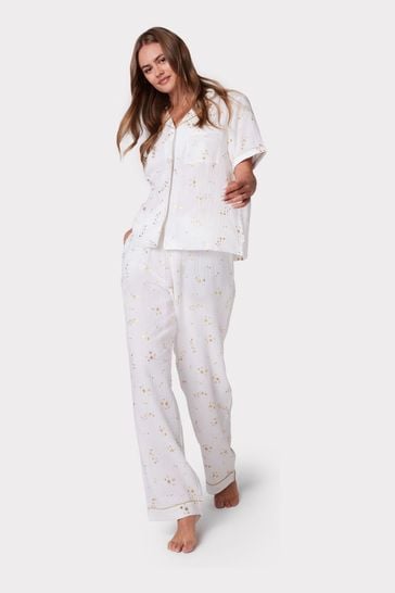 Chelsea Peers White Cotton Cheesecloth Foil Star Print Long Pyjama Set