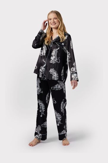 Chelsea Peers Black Maternity Satin Lotus Tiger Print Long Pyjama Set