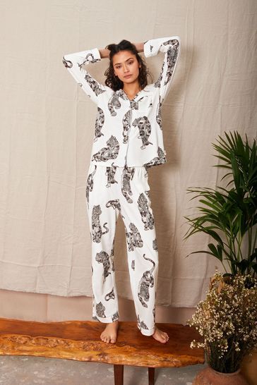 Chelsea Peers White Organic Cotton Lotus Tiger Print Long Pyjama Set