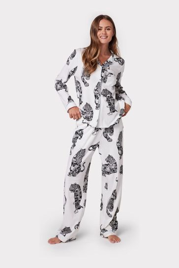 Buy Chelsea Peers White Organic Cotton Lotus Tiger Print Long Pyjama Set from Next Bahrain
